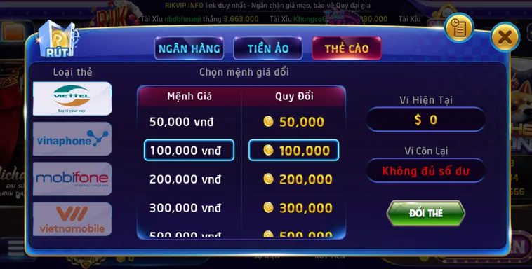Rút tiền qua thẻ cào - an toàn - hỗ trợ tất cả các nhà mạng.