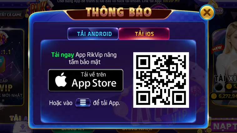 Quét mã tải ngay ứng dụng Rikvip về điện thoại hệ điều hành IOS.